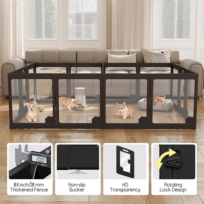 Albott Acrylic Clear Dog Playpen Indoor, Modular Puppy Cat Small Pet Play Pen with 3 Doors, Transparent Fence for Little Dogs, Cats, Rabbits, Easy Assemble and Disassemble, Black (24" H, 17 pcs)