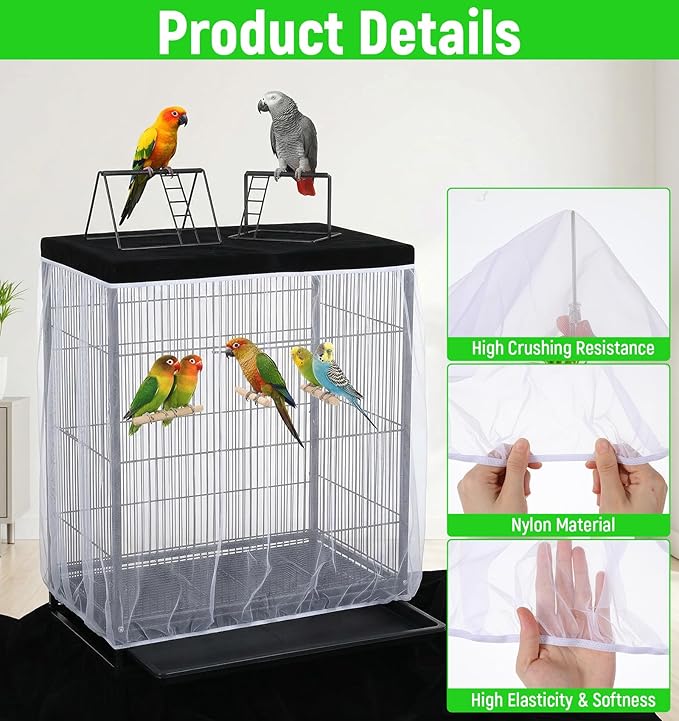 2 Pcs Bird Cage Seed Catcher, Bird Cage Seed Catcher Guard Nylon Net Cover, Adjustable 137.8-196.9 Inches Circumference (Black & White, XL)