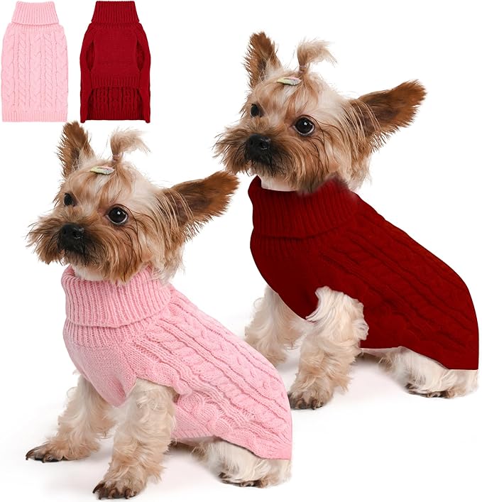 2 Pack Dog Sweaters for Small Dogs Winter Turtleneck Pullover Cable Knit Fleece Stretch Puppy Doggie Chihuahua Toy Poodle Yorkie Pomeranian Boy Girl Pet Clothes (XS, Pink & Red)