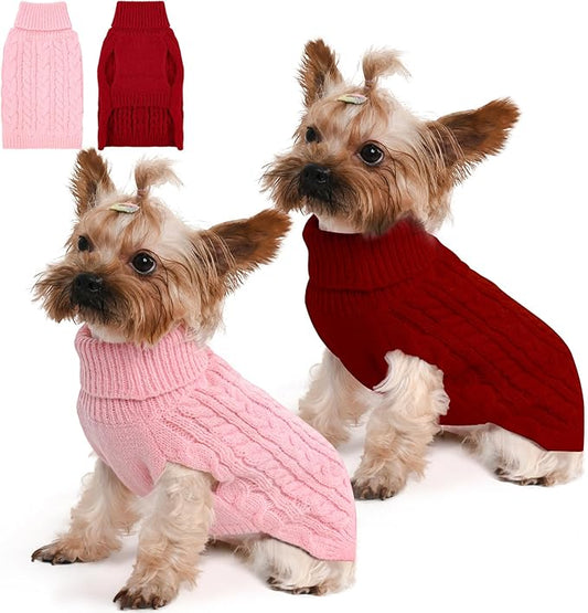 2 Pack Dog Sweaters for Small Dogs Winter Turtleneck Pullover Cable Knit Fleece Stretch Puppy Doggie Chihuahua Toy Poodle Yorkie Pomeranian Boy Girl Pet Clothes (XS, Pink & Red)