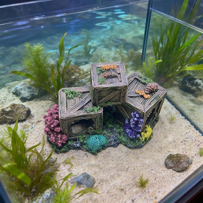 Fish Tank Decorations Hideout for Betta, Shrimp & Guppies – Two-Level Wooden Crate with Realistic Coral, Sponge & Seaweed, Stable Rock Base, Aquarium-Safe Resin - 8.5x4.3x4.9 Inch