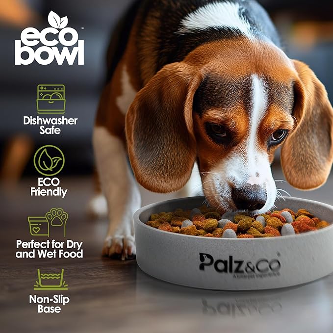 Palz&Co EcoBowl Slow Feeder for Dogs & Cats, 48 oz Gray - Natural Bamboo Puzzle Pet Bowl with Non-Slip Base for Slower Eating & Better Digestion, Dishwasher Safe