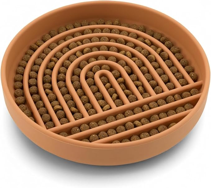 Should We Go? Slow Feeder for Dogs & Puppies, The Slowdown Bowl Silicone Slow Eating Modern Lick Mat Design, Reduces Gulping, Fits 2 Cups 7.5” Across x 1.5” Tall, Mealtime Challenge, Medium-Terracotta
