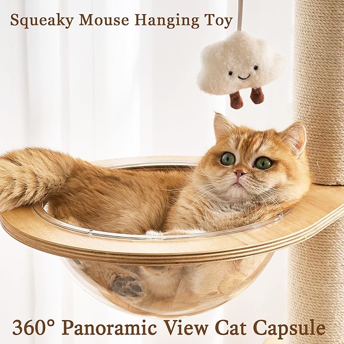 Modern Cat Tree Tower with Scratching Post for Indoor Cats Large Adult, 60 inch Tall Solid Wood Multifunctional Cat Tree Tower with Bed, Space Capsule, Sisal Wrapped Condo, Multiple Cats Use