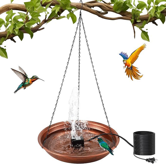 24.8 Extra Large Hanging Bird Bath with 8W Fountain Pump, 14" Copper Metal Bird Bath Bowl with Adjustable 3 Water Flow Modes and 2 Spray Nozzles, Birdbath Feeder for Outdoor Garden Backyard Patio Lawn