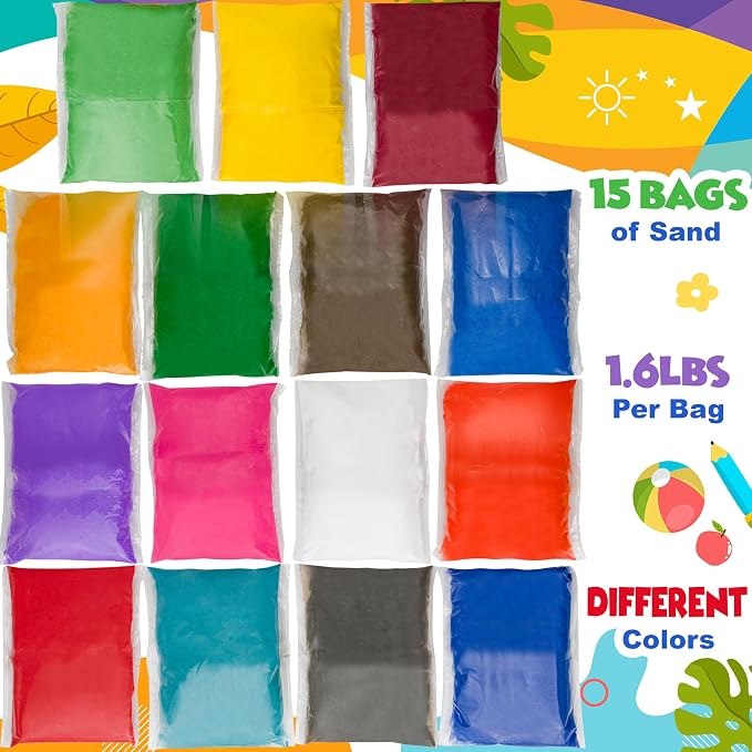 Sand Art Sand [15 Colors: 24 lbs], Colored Sands Bulk, Delightful Sands Art Fun for Crafts, Parties, Children, Nice Colorful Fun Sandy Crafts for Kids Age 3+, Non-Toxic, 15 Bags