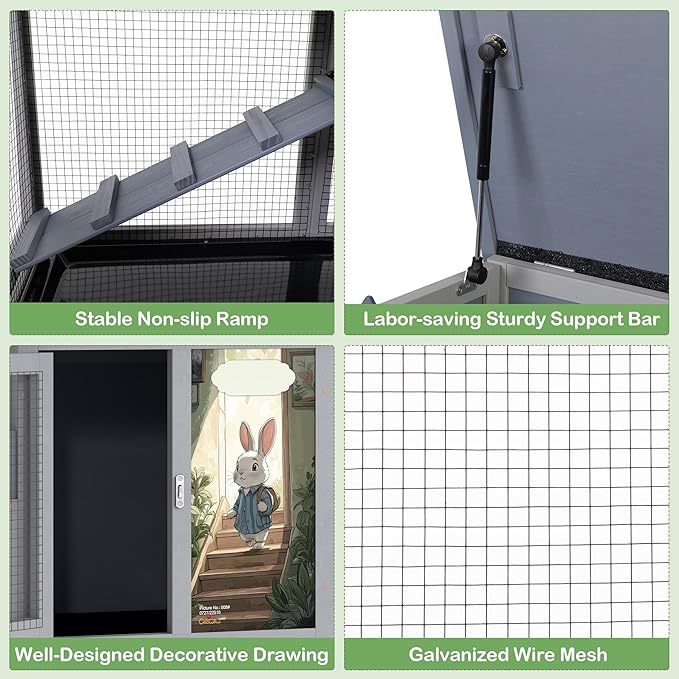 Wood Rabbit Hutch with Balcony - Small Animal House Bunny Cage on Wheels for Indoor Outdoor, Rabbit Cage Included Ramp, Pull Out Tray, (Grey with Pattern)