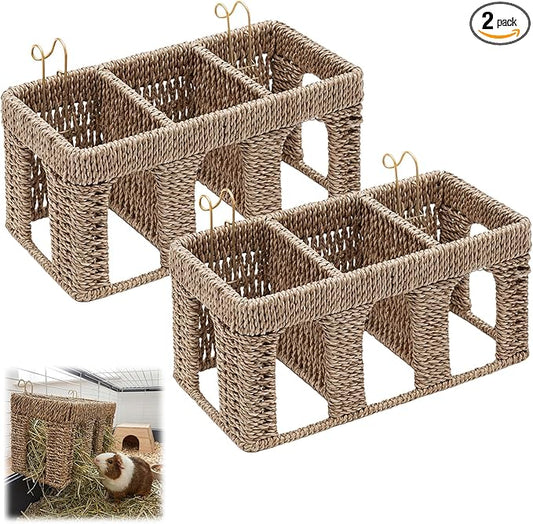 Sliner 2 Pcs Natural Seagrass Five Arch Guinea Pig Hay Feeder, Guinea Pig Rabbit Hay Rack Holder with Metal Hanging Hook for Bunny Chinchillas, Small Animal Cage Accessories, Pet Gifts, Less Wasted