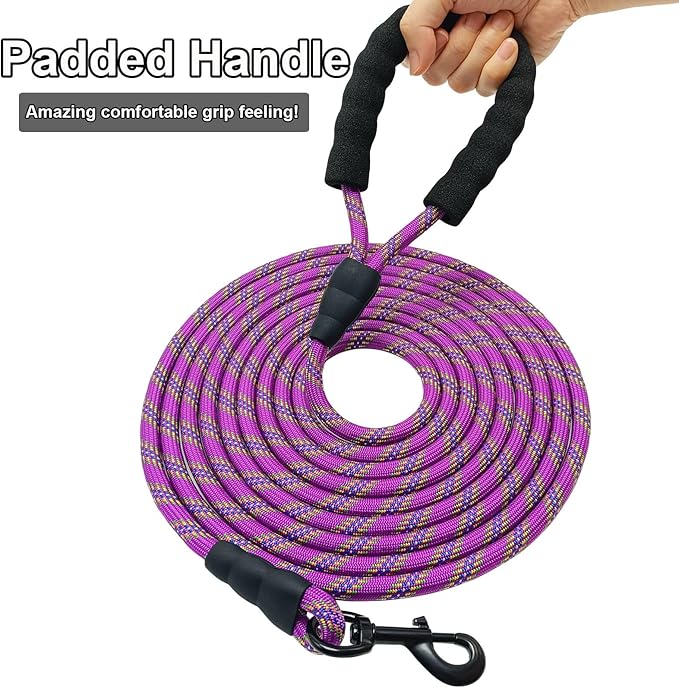 MayPaw 30ft Long Dog Leash, 6/8/10/15/20/30 FT Dog Lead Recall Training, Soft Padded Handle Thick Nylon Rope Leash for Large Medium Dogs Pets (30ft * 1/2", Purple)