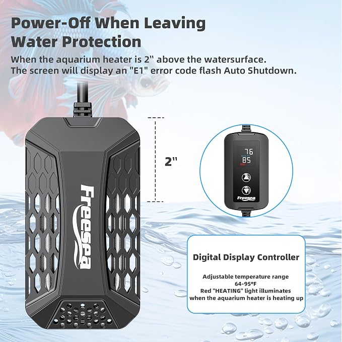 FREESEA Aquarium Fish Tank Heater: 100W Submersible Aquarium Heaters with Adjustable Digital LED Controller Leaving Water Automatic Stop Heating for 10-20 Gallon Turtle Freshwater Saltwater