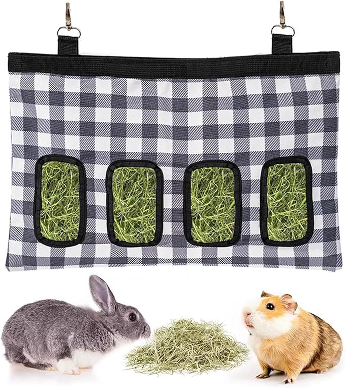 Rabbit Hay Feeder Bag, Large Capacity Rabbit Hay Bag Small Animal Hanging Hay Bag 600D Oxford Cloth Bunny Hay Feeder Bag for Rabbits Guinea Pigs Chinchillas (Plaid-4 Holes-1Pcs)