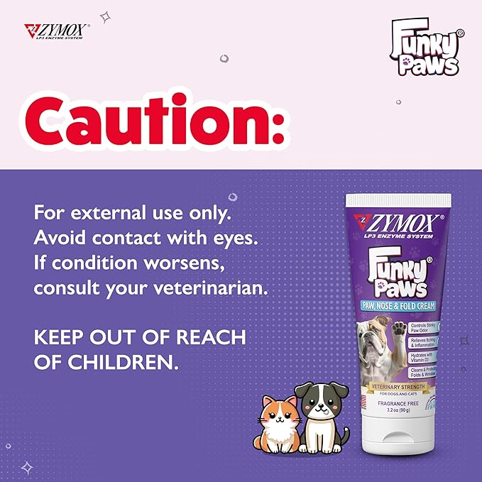 Zymox Funky Paws - Paw, Nose & Fold Cream for Dogs & Cats - Veterinary Strength - Reduces Corn Chip Feet Smell - Hydrates & Soothes The Skin - Relieves Itching & Irritation - Fragrance Free - 90g