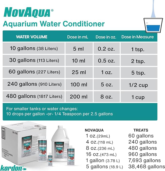 KORDON Novaqua Aquarium Water Conditioner for Freshwater & Saltwater – Instantly Detoxifies Chlorine, Chloramines, & Heavy Metals in Tap Water, Replaces Fish Slime Coat, Adds pH Buffers, 16-ounces