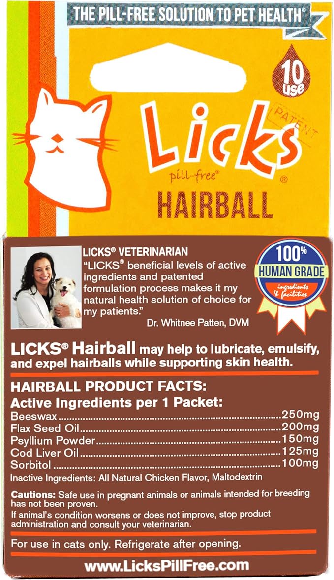 Licks - Hairball Remedy for Cats - Cat Hairball Treatment Containing Flax Seed Oil, Cod Liver Oil, and Sorbitol - LiquiPaks - 10 Use