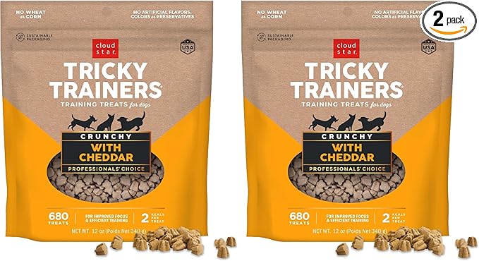 Cloud Star Tricky Trainers Crunchy Dog Training Treats 12 oz. Bag,Cheddar Flavor,Low-Calorie Behavior Aid with 680 Treats,(Pack of 2)