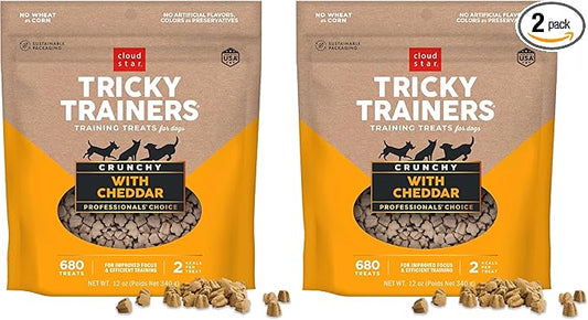 Cloud Star Tricky Trainers Crunchy Dog Training Treats 12 oz. Bag,Cheddar Flavor,Low-Calorie Behavior Aid with 680 Treats,(Pack of 2)