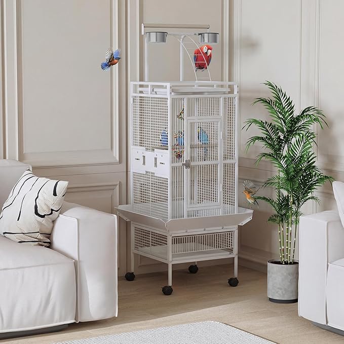GarveeLife Large Bird Cage 60-inch Playtop Metal Bird Cages with Rolling Stands, Feed Bowls for Parakeets, Conures, Parrot Cage for Medium Large Parrot Cage with Slide-Out Tray Seed Guard, White