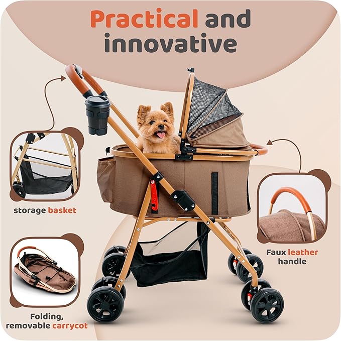 Pet Stroller for Small Medium Dogs & Cats – 2-in-1 Detachable Carrier, Zipperless Entry, Lightweight Folding Travel Stroller with Storage Basket, Cup Holder, Brown