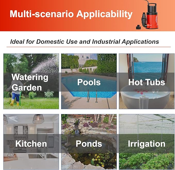 1HP 5000GPH Sump Pump - Clean/Dirty Water Portable Transfer Submersible Pump with Float Switch for Swimming Pool, Garden Pond, Basement with 10ft Power Cord,Remove Water Level Down to 0.2"