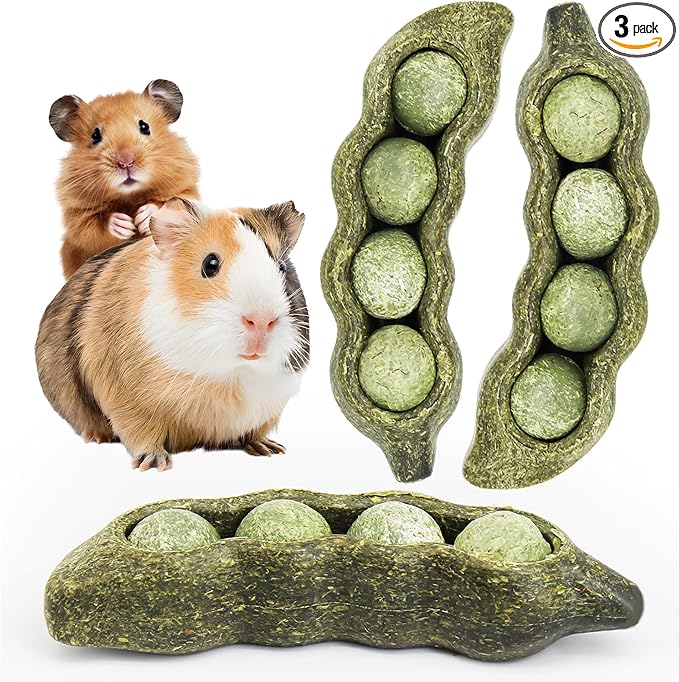 TEEWY 3PCS Guinea Pig Chew Toys, Prevent Teeth Overgrowth, Natural Vegetables and Timothy Grass, Hamster Chew Toys, Guinea Pig Toys, Chinchilla Toys, Peapod-Shaped