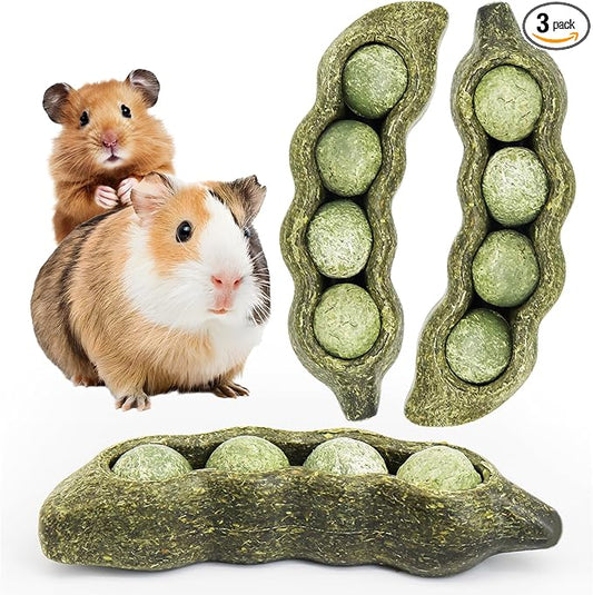 TEEWY 3PCS Guinea Pig Chew Toys, Prevent Teeth Overgrowth, Natural Vegetables and Timothy Grass, Hamster Chew Toys, Guinea Pig Toys, Chinchilla Toys, Peapod-Shaped