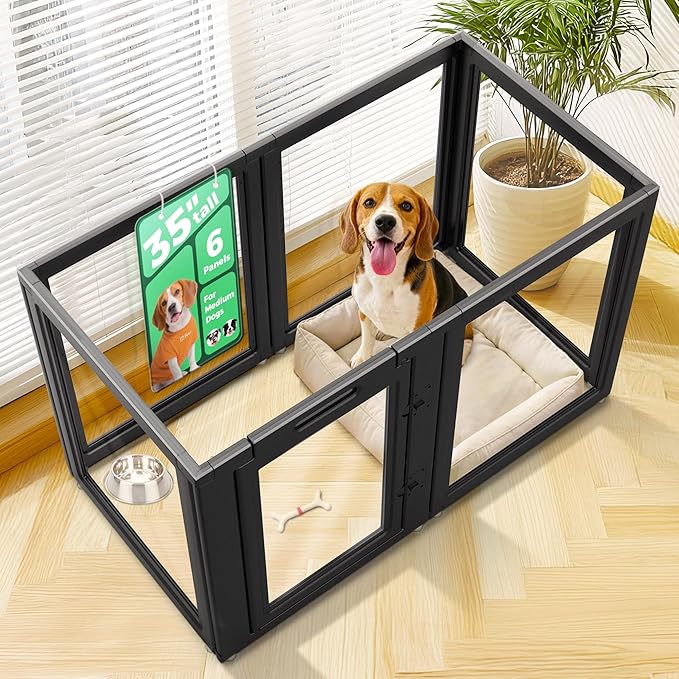 FXW AuraSpace Acrylic Indoor Dog Playpen for Medium Dogs, 35 Inch, 6 Panels, Black