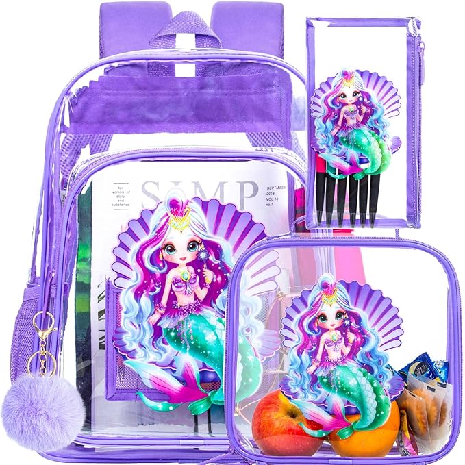 Clear Backpack for Girls and Boys, Kids Transparent Bookbag, 3PCS Cute See Through School Bag for Elementary Prechool