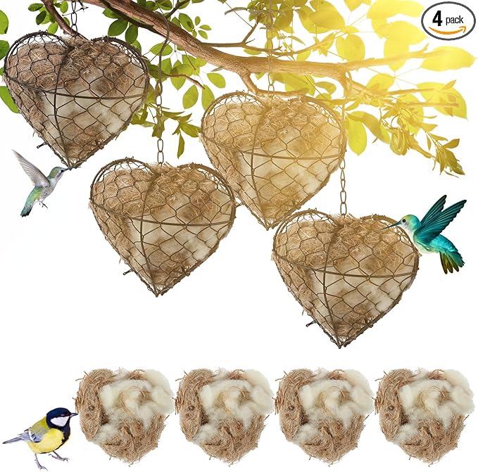 Menkxi 4 Pcs Bird Nesting Material, Hummingbird Nest Gift Enjoy Birds Gardening Outside Cute Decor Refillable Nesting Gift for Bird Lovers, Spring Garden Decoration Gifts (Heart Shaped)