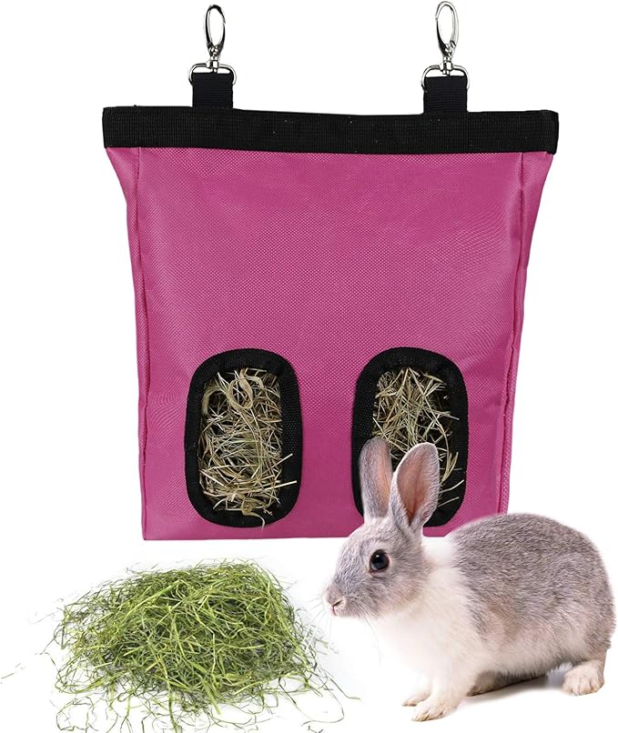 Rabbit Hay Feeder Bag Guinea Pigs Hanging Hay Rack Manger Holder Dispenser Small Animal Feeder Storage Pouch for Bunny Chinchilla Hamster (Pink, 2 Windows)