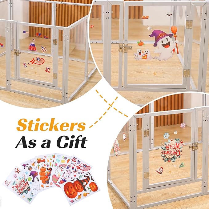 Clear Acrylic Dog Playpen with Door,Puppy Fence Indoors H:24" 8-Panel can be DIY Expanded + Splicing Height Design for Puppies/Small Dogs,White Dog Enclosure (Metal + Acrylic Material)
