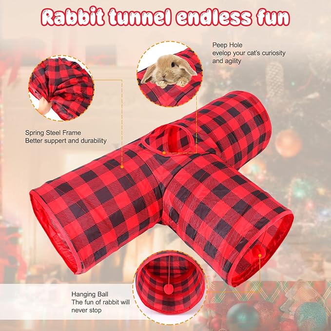 BWOGUE Bunny Tunnels & Tubes Collapsible 3 Way Bunnys Hideout Small Animal Activity Tunnel Toys for Dwarf Rabbits Guinea Pigs Kitty