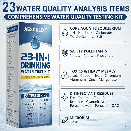 23 in 1 Water Test Kit for Drinking Water 158 Strips, Upgraded Home Water Testing Strips for Well & Tap Water, Detects Hardness, Chlorine, pH, Lead, Iron, Copper & More