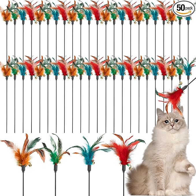 Leitee 50 Pcs Cat Wand Toy Feather Stick Cat Toy Bulk Feather Toys and Teaser Wand Bulk Interactive Stick for Indoor (Multi-Color)