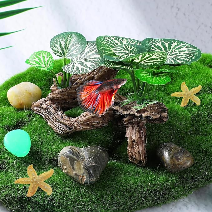 Star-Fish Silk Leaf pad Hammock Artifical Driftwood cave Fish Tank Decorations, Aquarium Decor Driftwood cave x 1pc, Fish Tank Accessories Starfish x 2pcs