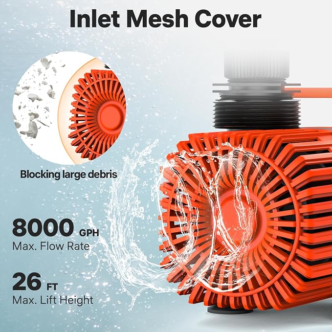 DOKO Submersible Water Pump, 8000 GPH Pond Pump with 20FT Power Cord and 26 FT Lift Heigh, 800W Ultra Quiet Fountain Water Pump for Pond, Waterfall, Fish Tank, Hydroponic, Aquarium