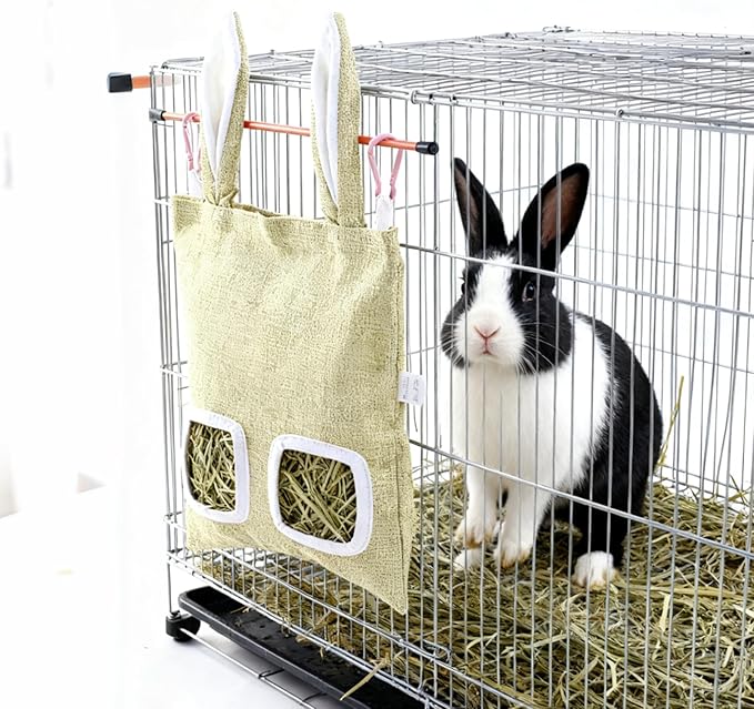 2 Pack Rabbit Guinea Pig Hay Feeder, Cute Bunny Hay Bag, Hanging Hay Holder for Guinea Pig Cage, Hay Feeder for Rabbits Chinchillas Hamsters Small Pets and Animals (Yellow & Green)