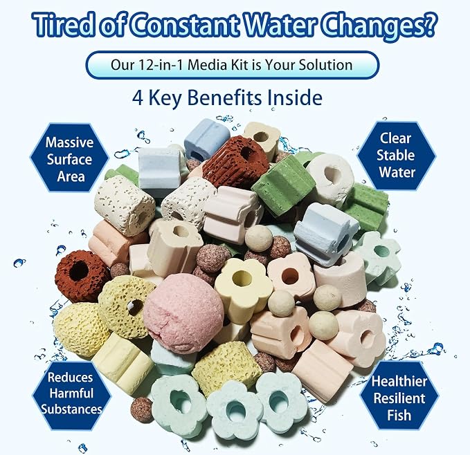 12-in-1 Bio Filter Media Kit - Bio Balls, Ceramic Rings for Aquarium | Supports Nitrogen Cycle for Crystal Clear Water. pH Neutral for Freshwater, Saltwater, Pond, Sump & Canister Filters(2lb)