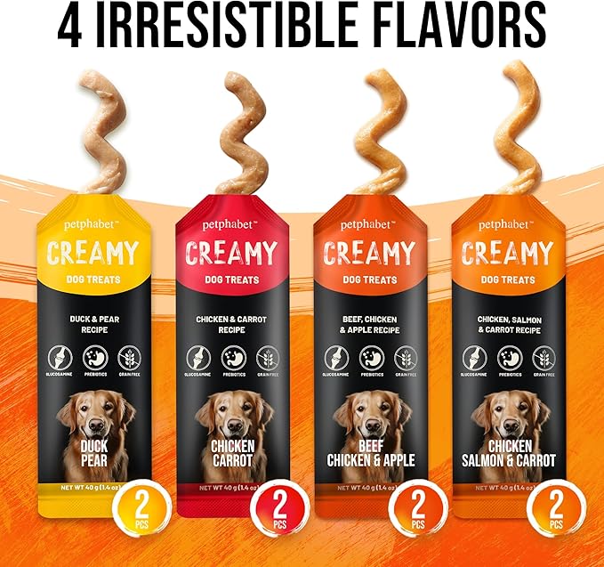 PETPHABET Lickable Squeeze Treats for Dogs, Creamy Puree Dog Food Meal Topper, Puppy Pouch Treats for Training and Enrichment, Healthy High Protein Variety Pack (11.2 oz / 8 Pack)