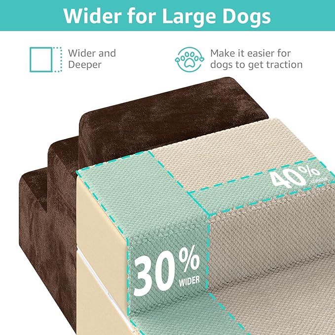 YENING Large Dog Stairs for High Beds - Extra Wide Pet Steps for Large Dogs to Get on Tall Bed 3 Deep Step Cat Ramp for Couch Beige