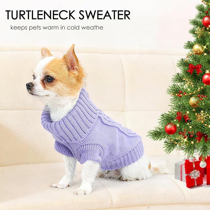 Small Dog Sweater. 2 Pack Turtleneck Christmas Dog Sweaters for Small Dogs, Winter Knitwear Pet Clothes Cat Sweater Puppy Outfits for Chihuahua Yorkie, Green and Purple, S