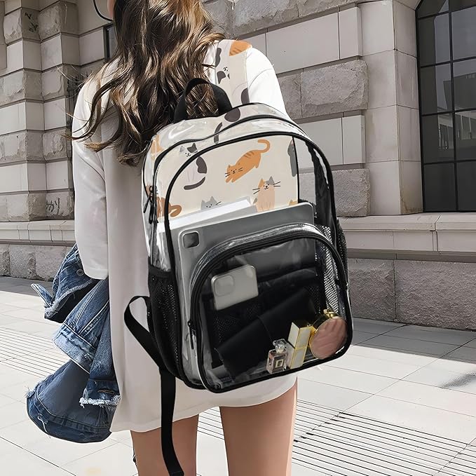 Bolaz Clear Backpack for School Cats in Different Poses Pattern Transparent Bookbag for Girls See Through PVC Boy Backpacks