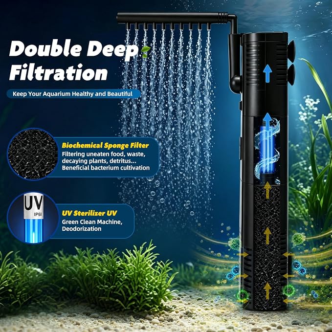 TARARIUM Small Aquarium Filter U-V for 10-30 Gallon Tank,118GPH Fish Tank Filters for Betta Fish Tank Green Clean Machine, Internal Pump Filter for Turtle Tank Saltwater Freshwater Crystal Clear | Adjustable flow rate