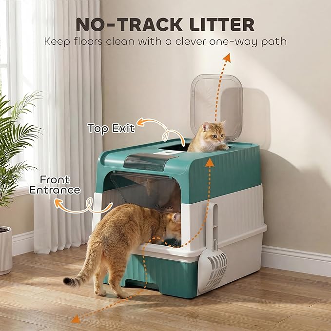 PawHut Cat Litter Box with Lid, Hooded Cat Litter Box with Pull-Out Drawer Tray, Scoop, Front Entry & Top Exit, 4 Deodorization Bags, Easy to Clean, Teal