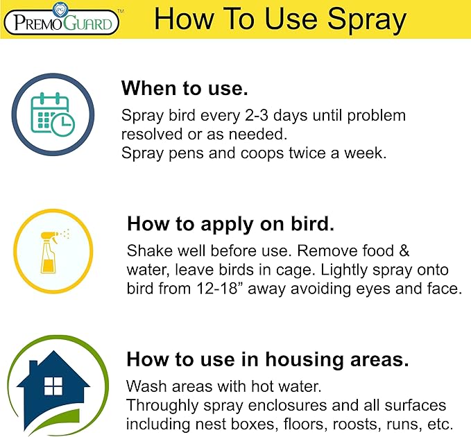 Premo Guard Poultry Spray - 16 oz - Kill Scaly Leg, Mites, Fleas, Lice, & Other Pest on Chickens and in Coops - Natural Plant Based Oils for Control, & Prevention - Family Safe with No Egg Withdrawl