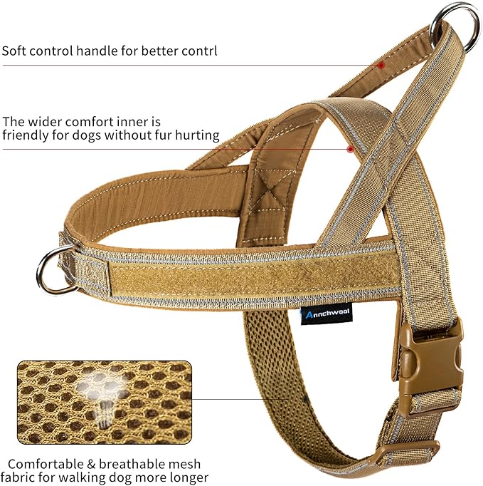 Annchwool No Pull Dog Harness with Padded Handle+5 Ft Leash,Reflective Strip Escape Proof and Quick Fit to Adjust Dog Harness,Easy for Training Walking for Small & Medium and Large Dogs(Brown-Set,M)