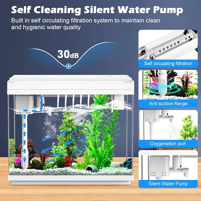 Smart Aquarium Fish Tank with Silent Water Pump, 2.4 Gallon Small Aquarium with Quick Start Kit, Temperature Display, Humidifier and RGB Lights, Perfect for Home, Office, and Decor, White