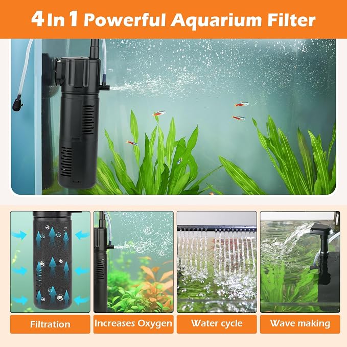 hygger Aquarium Internal Filter for 30-80 Gallon Tank, Flow Rate Adjustable 4 in 1 Submersible Fish Tank Filter with Aeration System,Filtration/Oxygenation/Waveker/Circulation