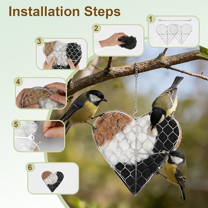 Handmade Alpaca Fiber Bird Nesting Heart, Refillable Birds Nests Material Holder, Spring Fowl Gifts, Cool Pavilion,Tree Shelter, Outside Garden Art Birdhouse, Unique Spring Gift for Birds Lovers (1PC)