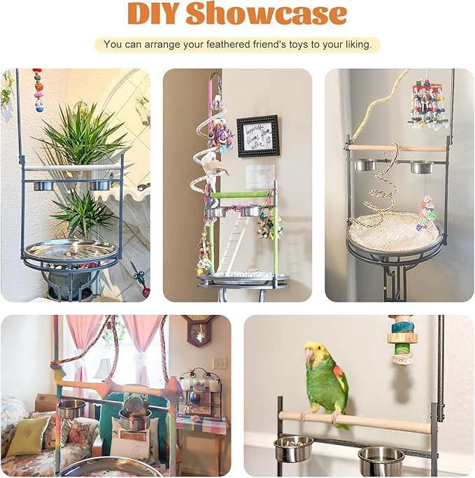 72" Parrot Stand Large Bird Playstand, Wood Perch with Easy Grip Pet Products,Stainless Steel Tray Bowls Toy Hook Rolling Wheel, Wrought Iron Bird Play Ground Rolling Stand