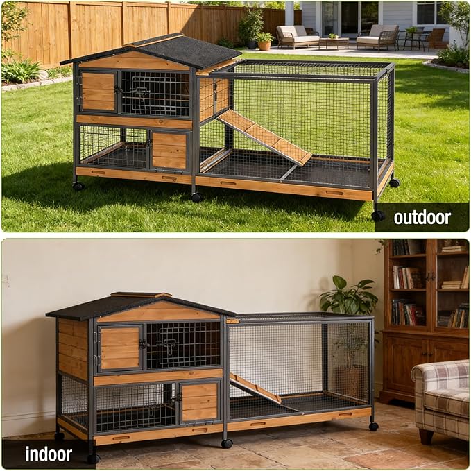 Large Rabbit Hutch Indoor Outdoor, Wooden Rabbit Cage with Chewproof Metal Frame, 62'' Mobile Bunny Cage with Wheels, Pull-Out Tray, Waterproof Roof, Guinea Pig Habitat (Orange)